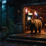 A brown bear at the edge of a warmly lit woodland arcade lodge, with a vintage game cabinet in the background