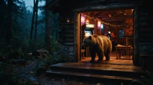 A brown bear at the edge of a warmly lit woodland arcade lodge, with a vintage game cabinet in the background