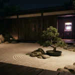 A peaceful stone Zen garden lit with warm neon, with a glowing arcade cabinet behind the garden wall