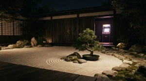 A peaceful stone Zen garden lit with warm neon, with a glowing arcade cabinet behind the garden wall