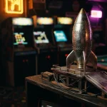 A miniature rocket on a launch ramp in a dark neon-lit arcade, with an illuminated gaming table in the background