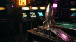 A miniature rocket on a launch ramp in a dark neon-lit arcade, with an illuminated gaming table in the background