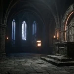 Weathered stone throne beneath a dramatic lightning-lit vaulted hall, with a glowing arcade machine in the distance