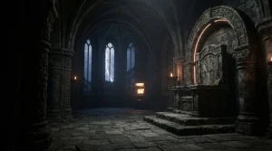 Weathered stone throne beneath a dramatic lightning-lit vaulted hall, with a glowing arcade machine in the distance