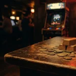 A stack of gold-coloured coins on a polished game table, with a warm neon-lit arcade cabinet in the background.