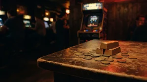 A stack of gold-coloured coins on a polished game table, with a warm neon-lit arcade cabinet in the background.