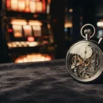 A polished metal stopwatch beside an illuminated lounge counter, with a slot machine glowing softly in the background