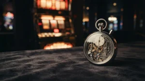 A polished metal stopwatch beside an illuminated lounge counter, with a slot machine glowing softly in the background