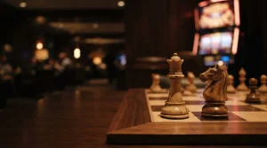 An ivory chess queen and knight on a polished board in a dim lounge, with a softly lit slot machine behind them.