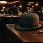 Vintage bowler hat and brass pocket watch on a dark wooden counter, with a softly glowing roulette table behind