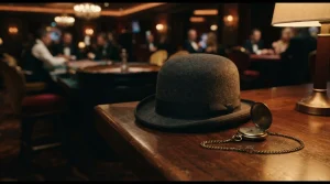 Vintage bowler hat and brass pocket watch on a dark wooden counter, with a softly glowing roulette table behind