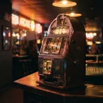 Vintage slot machine glowing in a dark neon arcade, with a roulette table and trophy shelf in the background