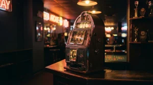Vintage slot machine glowing in a dark neon arcade, with a roulette table and trophy shelf in the background