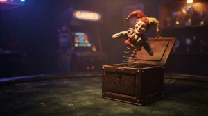 An open vintage jack-in-the-box on a dark gaming table, with warm neon highlights and an arcade cabinet behind.