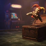 An open vintage jack-in-the-box on a dark gaming table, with warm neon highlights and an arcade cabinet behind.
