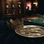 An ornate brass crown beside a silver coin tray on dark velvet, with a warmly lit casino card table behind