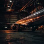 A sleek passenger jet inside a dark hangar glowing with warm neon light, with a small arcade cabinet in the background