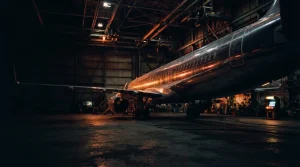 A sleek passenger jet inside a dark hangar glowing with warm neon light, with a small arcade cabinet in the background