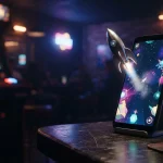 A silver rocket rising from a dark smartphone beside a softly glowing arcade cabinet in a cinematic gaming lounge