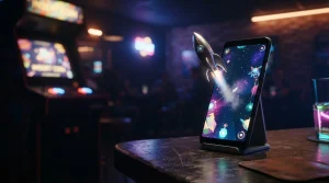 A silver rocket rising from a dark smartphone beside a softly glowing arcade cabinet in a cinematic gaming lounge