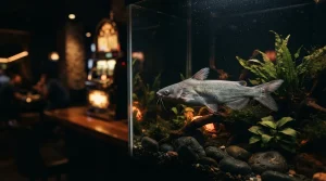 A lifelike catfish gliding through a dramatically lit aquarium beside a softly glowing casino arcade cabinet