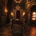 Golden crown resting on a velvet throne inside a dark royal hall with softly glowing arcade machines in the background