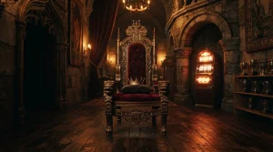 Golden crown resting on a velvet throne inside a dark royal hall with softly glowing arcade machines in the background