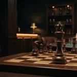 A crowned wooden chess king on a dark chessboard, with a softly glowing gaming table in the background