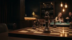 A crowned wooden chess king on a dark chessboard, with a softly glowing gaming table in the background