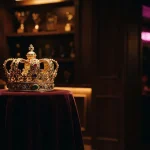 Ornate golden crown on a dark velvet pedestal beside a softly lit arcade cabinet in a cinematic gaming lounge