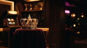 Ornate golden crown on a dark velvet pedestal beside a softly lit arcade cabinet in a cinematic gaming lounge