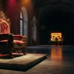 An ornate velvet throne beneath warm theatrical lights, with a softly glowing casino game table in the background