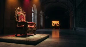 An ornate velvet throne beneath warm theatrical lights, with a softly glowing casino game table in the background
