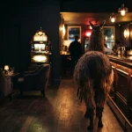 A shaggy llama standing in a moody neon-lit lounge, with a softly glowing slot machine behind it