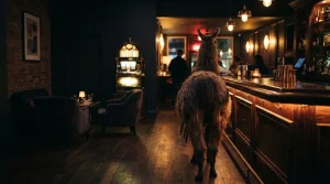 A shaggy llama standing in a moody neon-lit lounge, with a softly glowing slot machine behind it