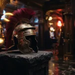 A bronze Roman legionary helmet on a dark stone plinth, with a softly illuminated arcade machine in the background