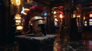 A bronze Roman legionary helmet on a dark stone plinth, with a softly illuminated arcade machine in the background