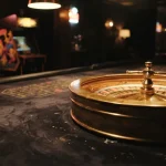 A gleaming brass roulette wheel on dark velvet, with a softly glowing arcade cabinet and trophy shelf in the background