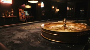 A gleaming brass roulette wheel on dark velvet, with a softly glowing arcade cabinet and trophy shelf in the background