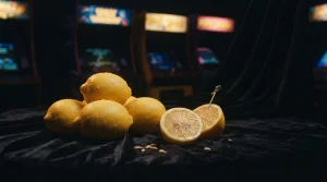Fresh lemons piled beside a glowing vintage arcade cabinet in a dark lounge with warm neon lighting