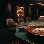 Atmospheric live-dealer studio with an illuminated roulette wheel and a small trophy shelf in a dark neon-lit lounge
