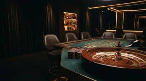 Atmospheric live-dealer studio with an illuminated roulette wheel and a small trophy shelf in a dark neon-lit lounge
