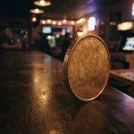 A large copper-gold coin on a dark gaming lounge counter, with a softly lit arcade cabinet behind it