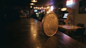 A large copper-gold coin on a dark gaming lounge counter, with a softly lit arcade cabinet behind it