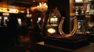 A gleaming golden horseshoe above a velvet lounge table, with a softly glowing casino arcade behind it