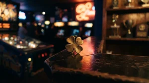 A brass four-leaf clover charm on a dark arcade counter with softly glowing game tables behind it