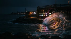 A rolling ocean wave illuminated by warm neon beside a small seaside arcade at night, under cinematic dark skies