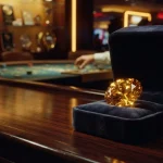 A faceted gemstone resting in an open velvet jewellery case, with a softly glowing casino table in the background