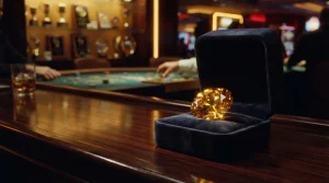 A faceted gemstone resting in an open velvet jewellery case, with a softly glowing casino table in the background