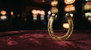 A polished golden horseshoe on a velvet casino lounge table, with warm neon lights and a slot machine softly blurred behind it